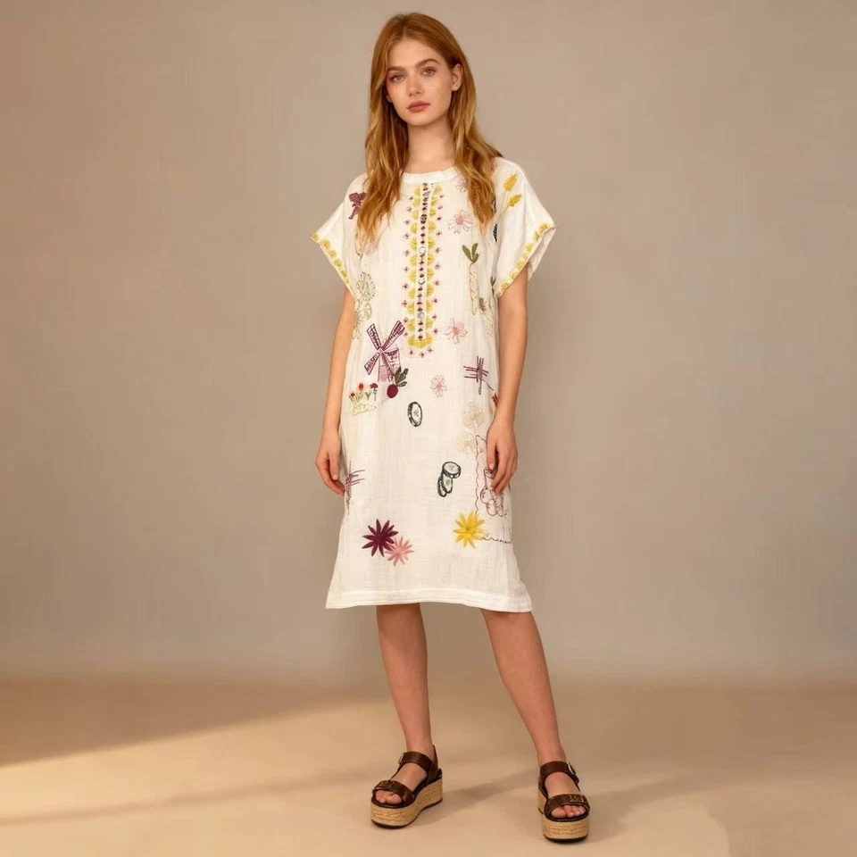 Nuevo sin etiquetas Mini Vestido Johnny Was Para Mujer Bordado Lino Algodón Blanco Talla L Bolsillo Foto 1 de 4