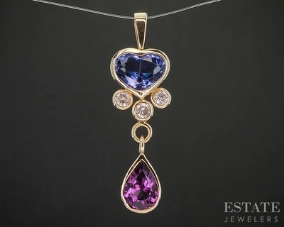14k Yellow Gold Heart Natural Tanzanite Tourmaline & Diamond Pendant 2.5g i20297 - Image 1 of 3