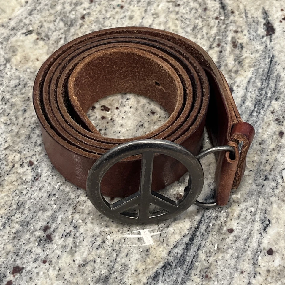 Vintage American Eagle Outfitters Women XL Belt Brown Leather Peace Sign Buckle - Image 1 of 4