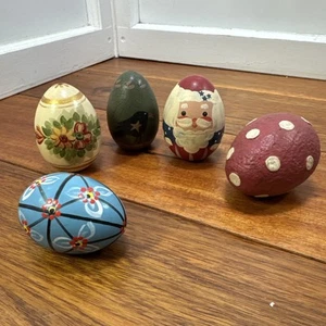 Vintage Hand Painted Folk Art Primitive Country Decor Wooden Eggs Santa - Picture 1 of 10