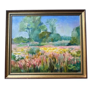 Dipinto ad olio francese firmato: Prato di fiori selvatici Valle della Loira, incorniciato - Foto 1 di 6