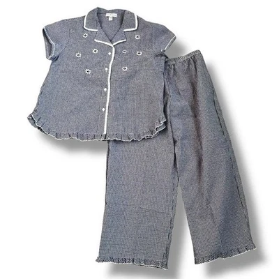 Juego de Pijama Miss Elaine Seersucker Gingham Volantes Margaritas Azul Marino/Blanco Mediano Foto 1 de 4