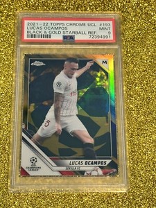 LUCAS OCAMPOS PSA 9 2021 TOPPS CROME UCL BLACK & GOLD STARBALL REFRAC NUM #24/30