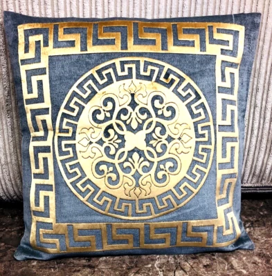 Greek Keys/Border Geometric Circle  Grey & Gold  Decorative Pillow Throw Cover - Image 1 of 3