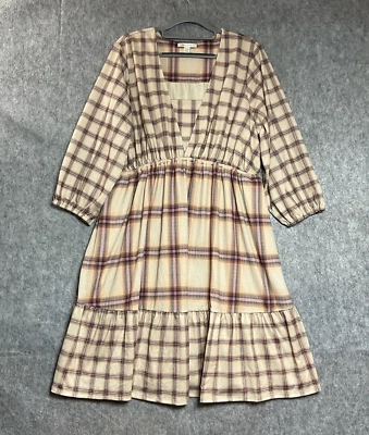Cato Dress Womens Plus 1X Cream Plaid Tiered Midi Boho Cottage Prairie Everyday - Image 1 of 4
