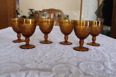 Tiara Sandwich Amber Design Vintage Set Of 6 Water Goblet Glasses - Image 1 of 4