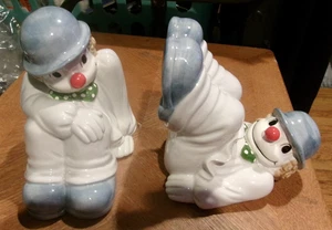 Fitz & Floyd 1979 2 Clown Buchstützen in blau Bowler Hüte & Schuhe mit roter Nase - Bild 1 von 5