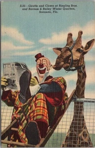 Postal de lino Sarasota FL BARNUM & BAILEY WINTER QUARTERS "Jirafa y payaso" - Imagen 1 de 2