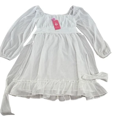 White Medium Puff Long Sleeve Ruffle Dress Tie Waist Belt Boho Lined Fashion D35 - Image 1 of 4