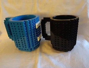 Build-on Brick Drink Mug DIY Novelty Cup Plastic Lot of 2, 1 Black,1 Blue, 12 oz - Picture 1 of 3