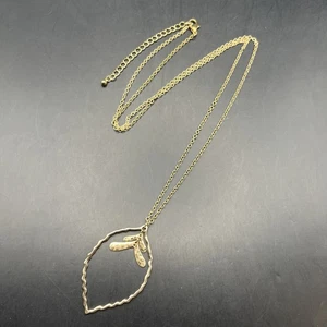 Abstract Leaf Long Boho Pendant Necklace Gold Tone Hammered Accent 32 Inch - Picture 1 of 6