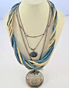 Southwest Disk 8 Strand Bead Necklace Bell Nickel Silver Chain Eagle Inlay Coral - Picture 1 of 12