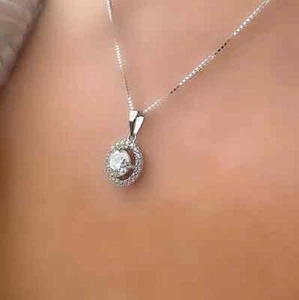 2Ct Round Cut Real Moissanite Halo Womens Wedding Pendant 14K White Gold Plated - Picture 1 of 9