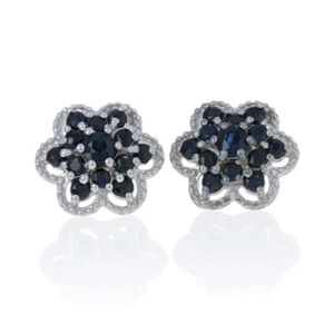 NEW 1.40ctw Round Cut Sapphire Earrings - Silver Cluster Flower Pierced Studs - Picture 1 of 8