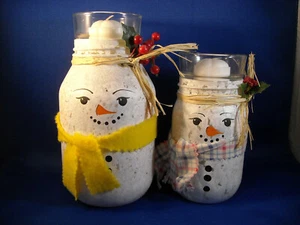*SET OF [2]   HANDPAINTED FRUIT JAR SNOWMEN VOTIVE HOLDERS - 1 QUART & 1 PINT - Picture 1 of 6