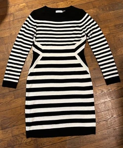 Calvin Klein Womens Sweater Dress Black White Stripe Fitted Long Sleeve Size S - Picture 1 of 6