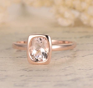 Cushion Cut 6x8mm Morganite 14K Rose Gold Bezel Solitaire Engagement Ring - Picture 1 of 4