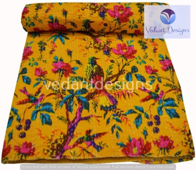 Colcha reversible Kantha con estampado de pájaros hecha a mano india doble/individual algodón Foto 1 de 4