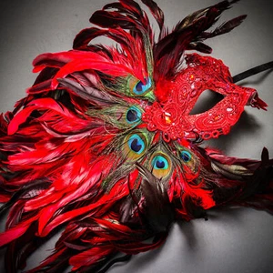 Peacock Feather Mask Masquerade for Women Venice Carnival Mardi Gras Mask RED - Picture 1 of 7