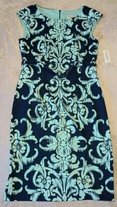 Vestido recto Dressbarn para mujer talla 8 azul patrón damasco hombro caído nuevo con etiquetas - Imagen 1 de 12