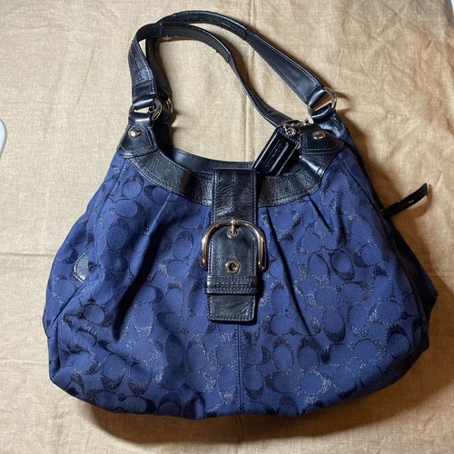 Borsa Coach Jacquard Lynn blu navy argento stampa logo hobo usata