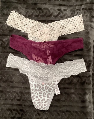 3 Pr Victoria's Secret Lace Thongs Panties Medium Polka Dot Leopard Burgundy NWT - Image 1 of 4