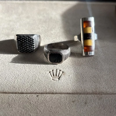 3 мужских кольца — черный муассанит, черный опал и янтарь из стерлингового серебра 925 пробы - Изображение 1 из 4