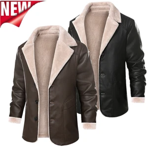 Gabardina de invierno de piel sintética de oveja para hombre Parka abrigo cálido chaqueta de cuero PU - Imagen 1 de 17