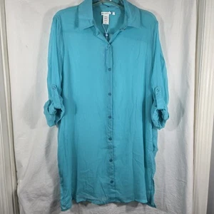Blue Bleu Rod Beattie Swim Suit Cover Button Up Roll Up Sleeves Semi Sheer L - Picture 1 of 9