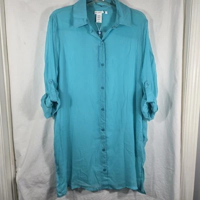 Blue Bleu Rod Beattie Swim Suit Cover Button Up Roll Up Sleeves Semi Sheer L - Imagem 1 de 4