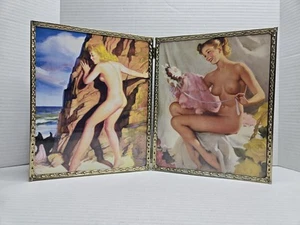 Vintage Nude Pin-Up Girl Pages Bombshell Painting Prints Brass Folding Frame - Picture 1 of 9
