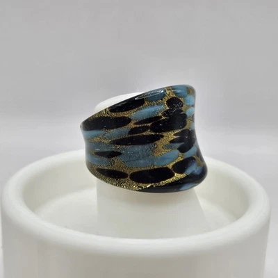 Domed Chunky Wide Art Glass Ring Size 7.5 Black Gold Blue Artistic Statement - Image 1 of 4