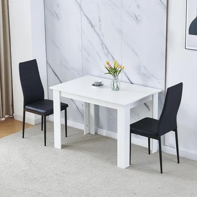 White Dining Table Set 2 Faux Leather Chairs Space Saving 110cm - Image 1 of 4