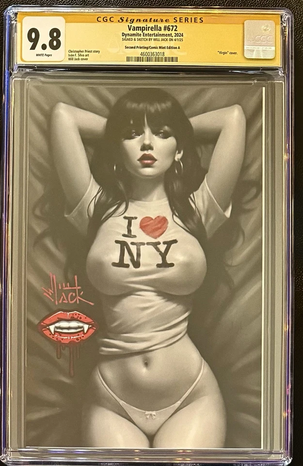 VAMPIRELLA #672 CGC 9.8  SIGNED AND SKETCH WILL JACK COLOR SPLASH I LOVE NY - Image 1 of 1