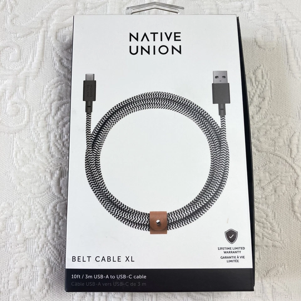 Cable de cinturón Native Union XL 10 pies USB-A a USB-C cable de carga trenzado cebra negro Foto 1 de 4