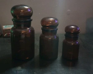 3er Set Vintage Belgien Bernstein Braun Glas Apotheker Gläser Bubble Top Kanister - Bild 1 von 5