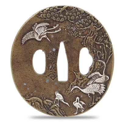 Antique Sword Guard Tsuba Brass Cranes Pine Tree - Image 1 of 4