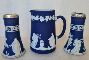 Antique Adams Tunstall Jasperware with Sterling Silver Rims -Porcelain Vases Jug - Picture 1 of 24