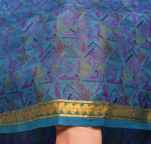 Sushila Vintage Blue Scrap Saree 100% Pure Silk Printed Paisley Soft Sari Fabric - Picture 1 of 11