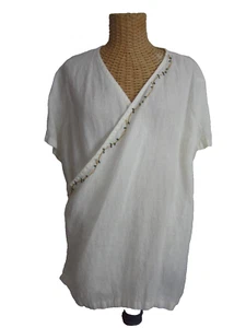 Unbranded Womens M Ivory Floral Embroidered Linen Wrap V Neck SS Tunic Shirt - Picture 1 of 9