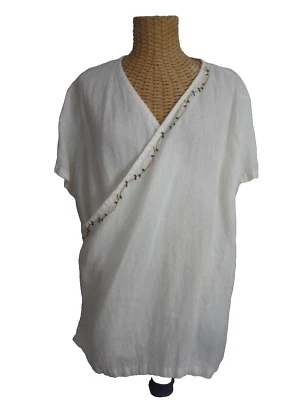 Unbranded Womens M Ivory Floral Embroidered Linen Wrap V Neck SS Tunic Shirt - Image 1 of 4
