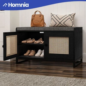 Shoe Rack Wood Storage Bench 2-Tier Shelf Cushion Seat Entryway Sneakers Cabinet - Picture 1 of 11