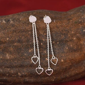 Long Chain Twin Hearts 925 Sterling Silver Dangle Earrings For Romantic Jewelry - Picture 1 of 9