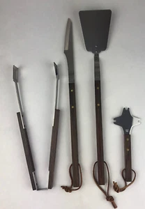 4 Piece Grill BBQ Stainless Steel Utensils Set Wood Handles Tongs Vintage - Picture 1 of 13
