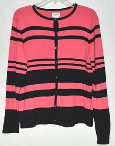 Liz Baker Petite Pink with Black Stripes Cotton Blend Cardigan Sweater Size PM - Picture 1 of 3