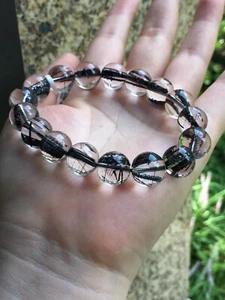 12.4mm Natural bar Black Hair Rutilated Crystal Round Beads Sphere Bracelet - Picture 1 of 2
