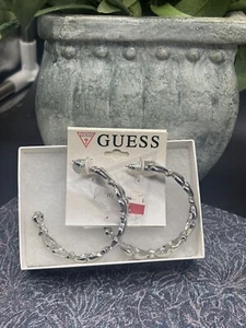Guess Logo Heart Silver Tone 2” Hoop pierced Earrings - Picture 1 of 6