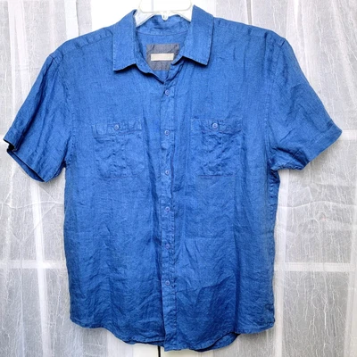 Bruno 100% Linen Button Up Shirt Short Sleeve Mens Sz L Blue Lightweight Coastal - Image 1 of 4
