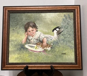 Rare Dianne Dengel Original Framed Oil Painting Girl In Field With Kitten 14x11 - Picture 1 of 7