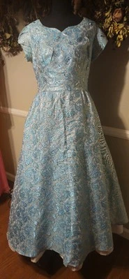 Vintage 1960 Blue Paisly Metalic Dress As Pictured Plus Size - Image 1 of 4